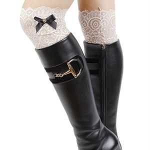 Beige Stretchy Floral Lace Black Bow Boot Cuffs